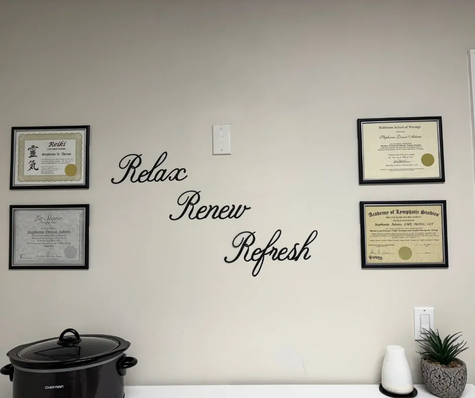 Stephanie Adams wall of Certifications - Relax Renew Refresh Stephanie Adams wall of Certifications - Relax Renew Refresh