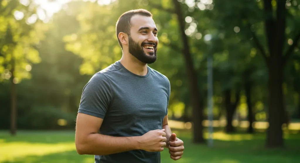 A person looking relieved and energetic after treatment, perhaps walking comfortably or engaging in daily activities without the burden of swelling, photographed in natural outdoor lighting.