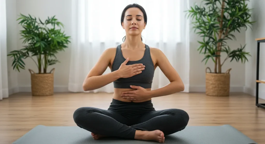 A serene woman in comfortable clothes sitting cross-legged on a yoga mat, hands positioned on chest and belly, eyes closed, demonstrating deep breathing technique in a softly lit room with plants in the background.