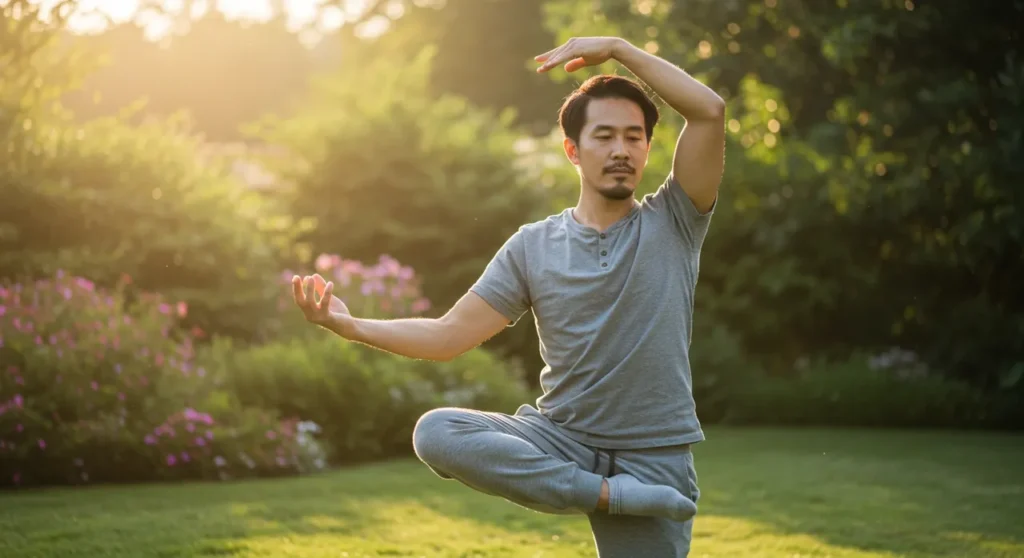 A person in comfortable workout clothes doing gentle arm circles outdoors in a peaceful garden setting, with morning sunlight filtering through trees in the background.
