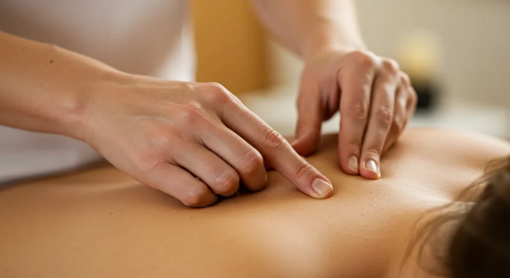Close-up of hands performing gentle circular massage movements on the neck area, with soft lighting highlighting the therapeutic hand movements against clean skin.