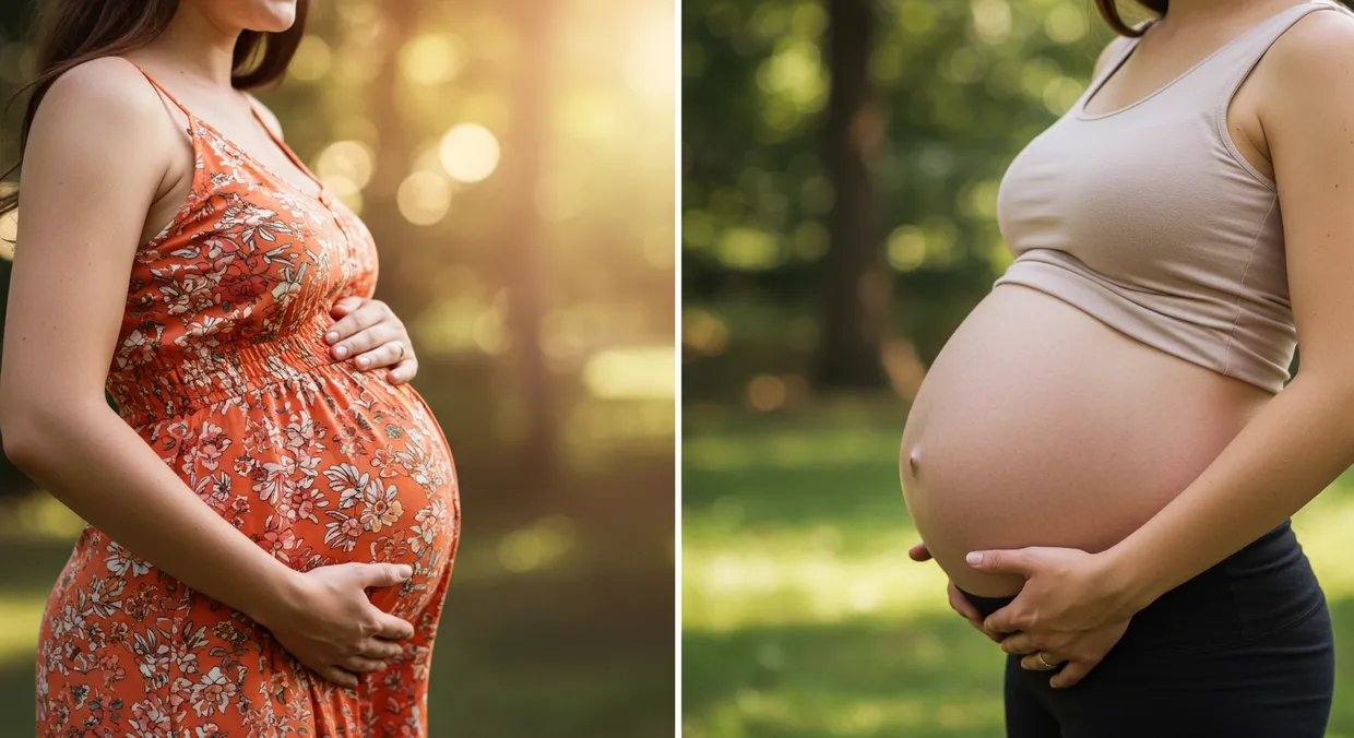 Pregnant woman side by side showing second and third trimester