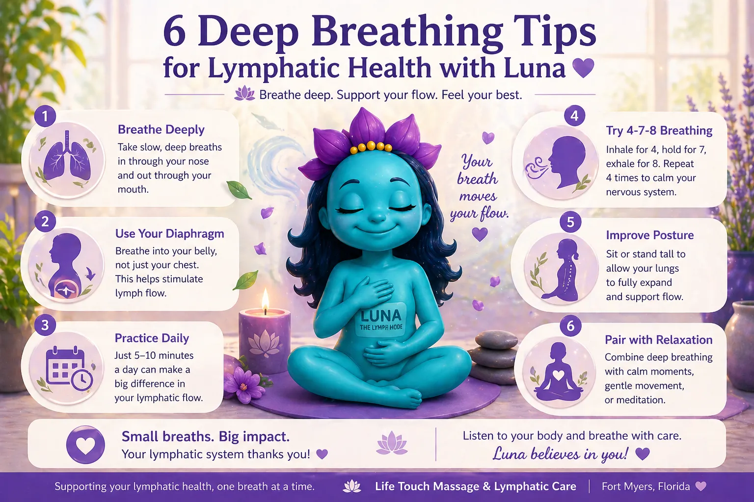 Luna the Lymph Node demonstrating deep breathing tips for lymphatic health with simple steps to improve lymphatic flow, reduce stress, and support overall wellness