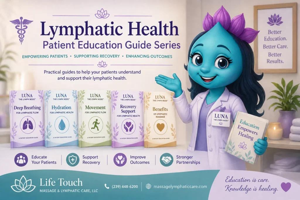 Luna the Lymph Node presenting a lymphatic health patient education guide series designed to support recovery, improve outcomes, and educate patients on lymphatic care.