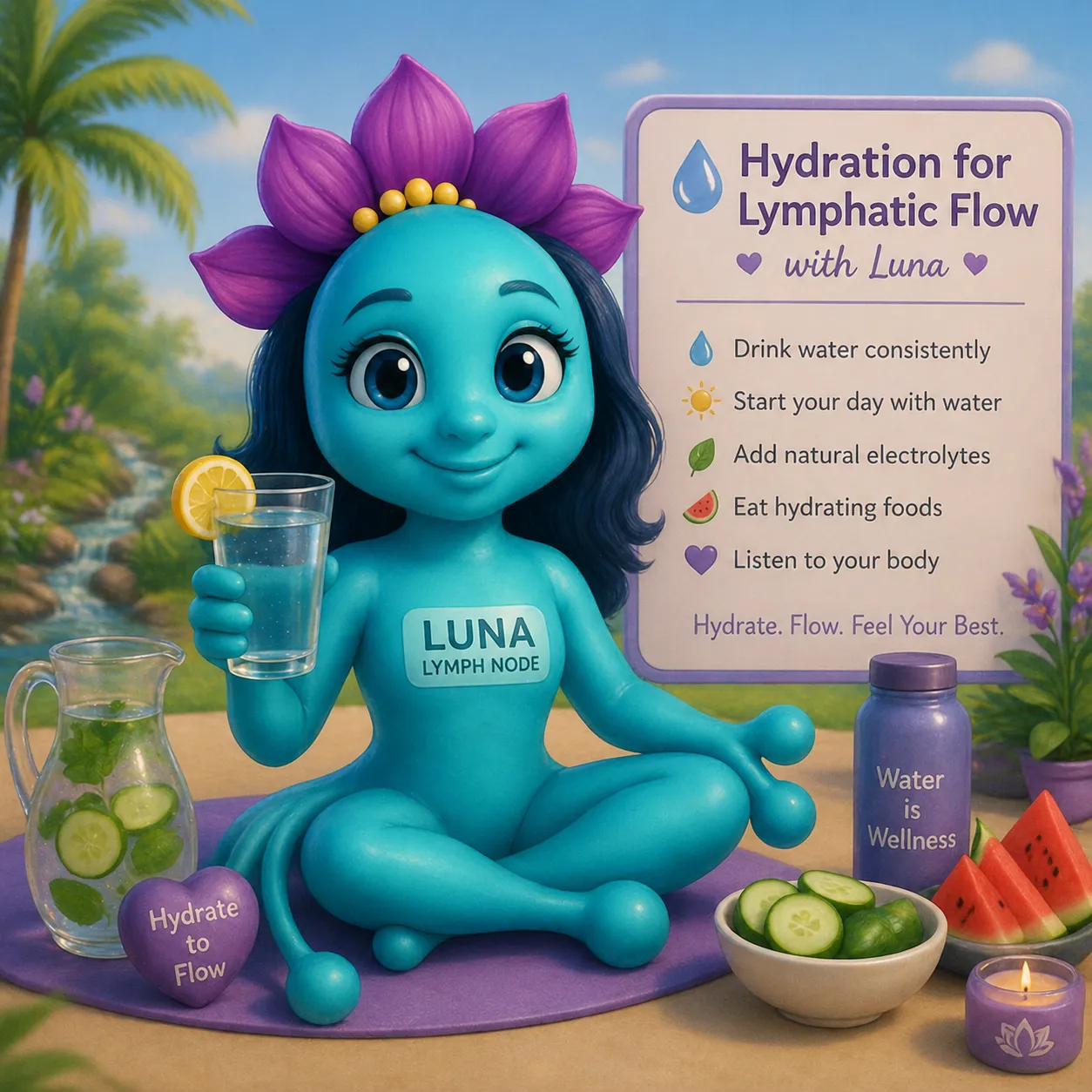 Luna the Lymph Node holding a glass of water, demonstrating hydration tips to support lymphatic flow and overall wellness