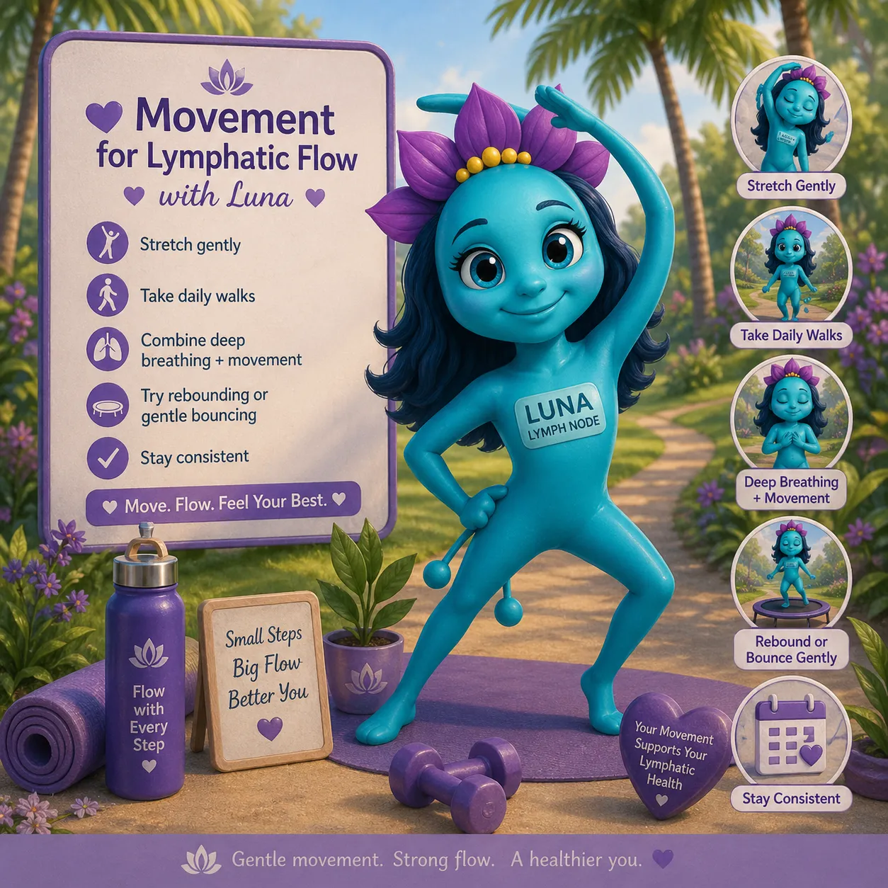 Luna the Lymph Node demonstrating gentle movement exercises to support lymphatic flow, including stretching and walking in a calming outdoor setting