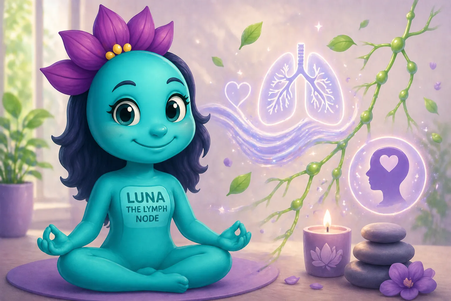 Luna the Lymph Node meditating to illustrate deep breathing, stress relief, and improved lymphatic flow
