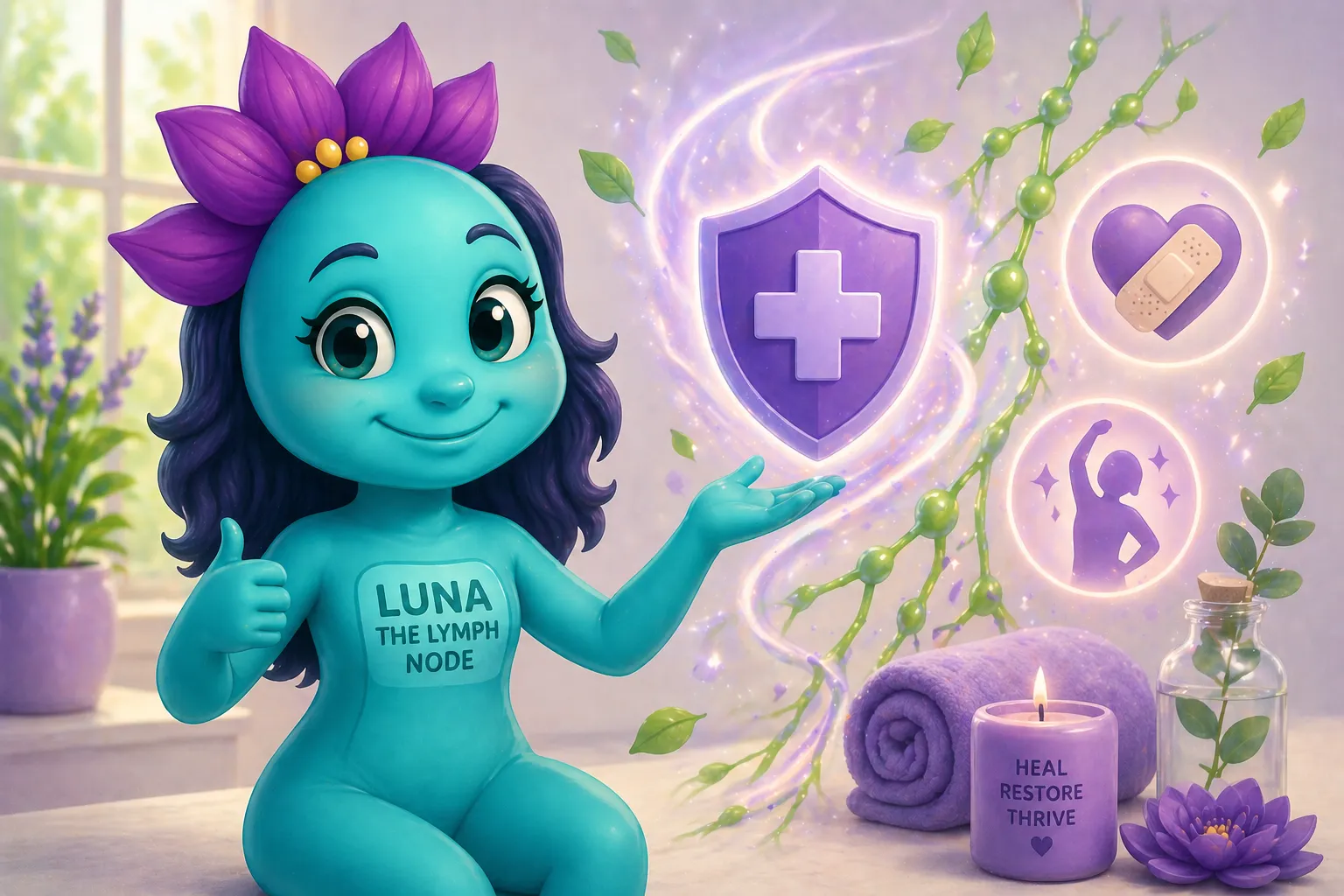 Luna the Lymph Node illustrating healing and recovery with lymphatic flow, wellness symbols, and supportive care imagery