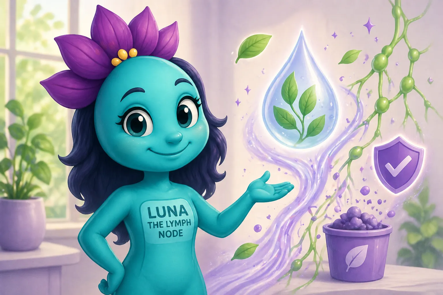 Luna the Lymph Node character illustrating lymphatic detox with flowing energy, water droplet, and wellness symbols