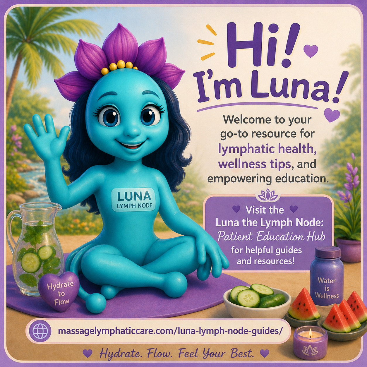 Luna the Lymph Node peeking playfully to invite users to explore lymphatic health education guides and simple wellness tips.