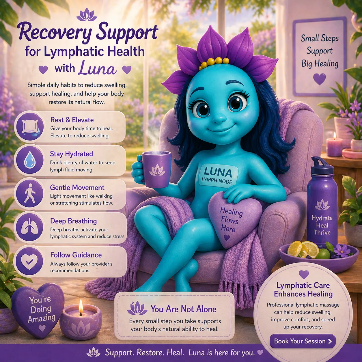 Luna the Lymph Node relaxing in a chair with hydration, gentle movement, and recovery tips to support lymphatic healing and reduce swelling