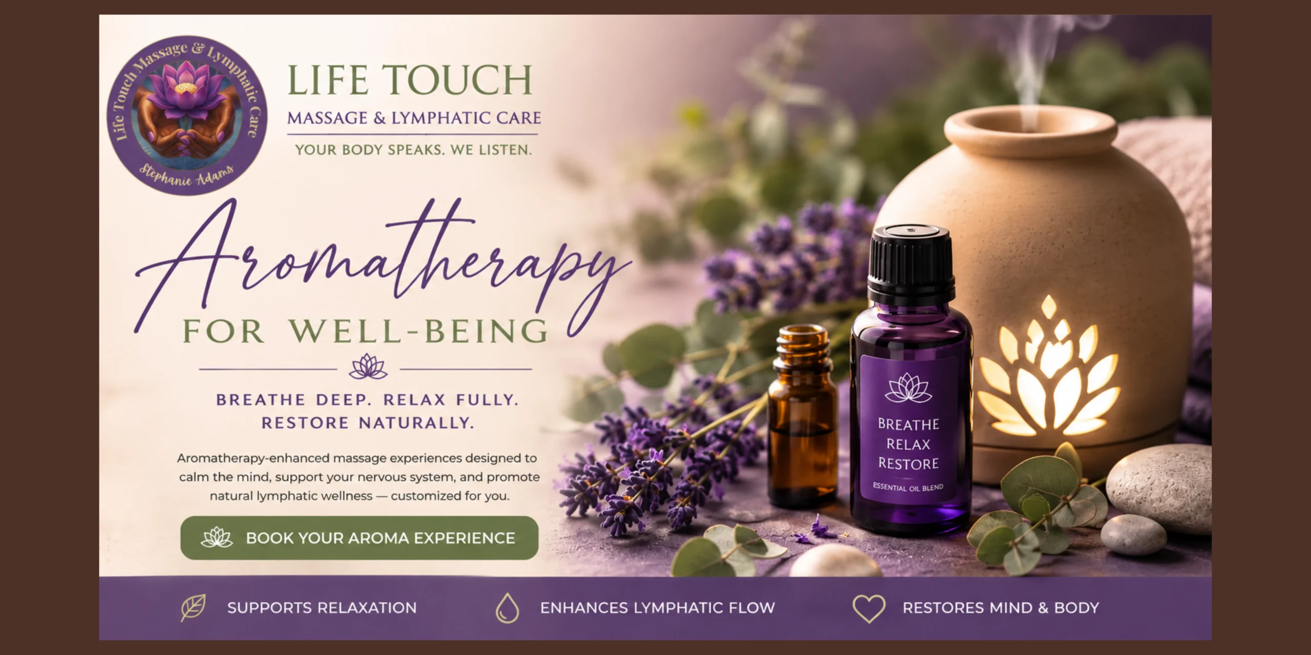 Aromatherapy wellness scene featuring essential oils and calming natural elements for relaxation and self-care