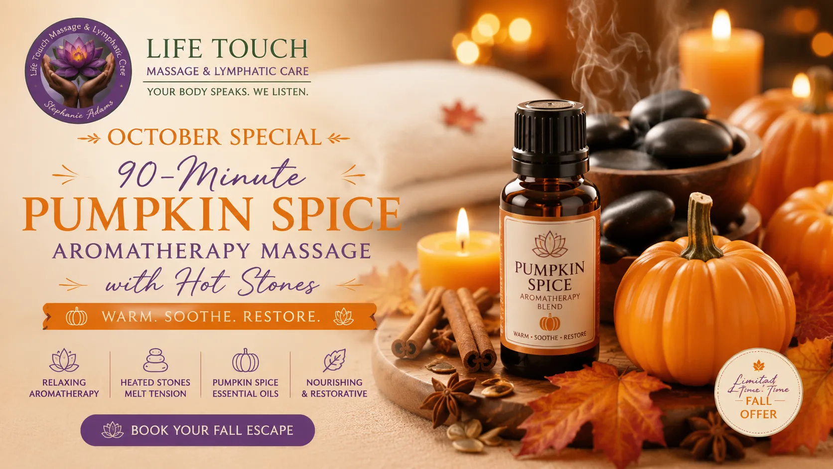 Autumn aromatherapy display with pumpkin spice elements creating a warm and relaxing fall atmosphere