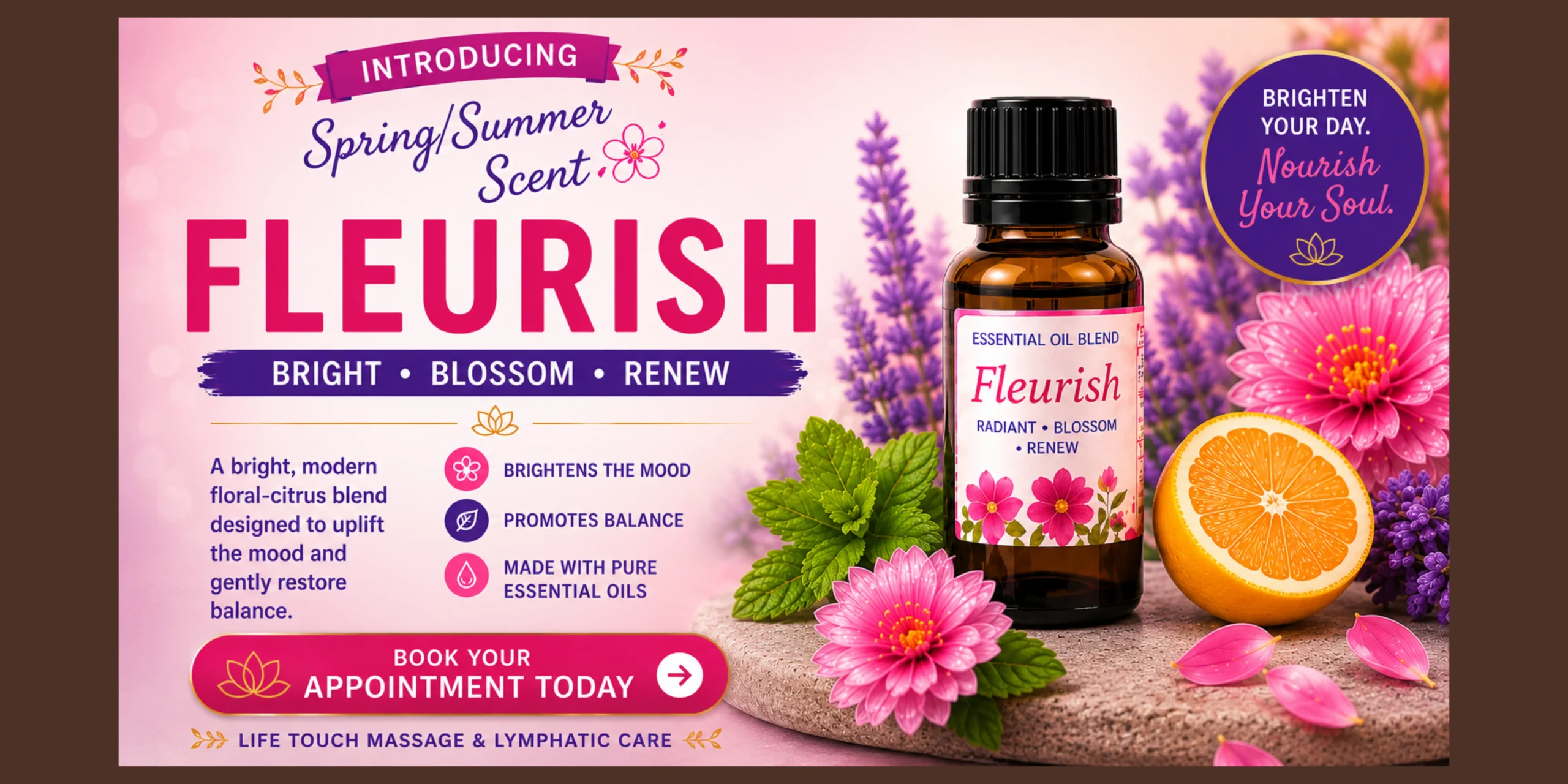 Fleurish seasonal fragrance campaign image with soft spring flowers and bright summer tones