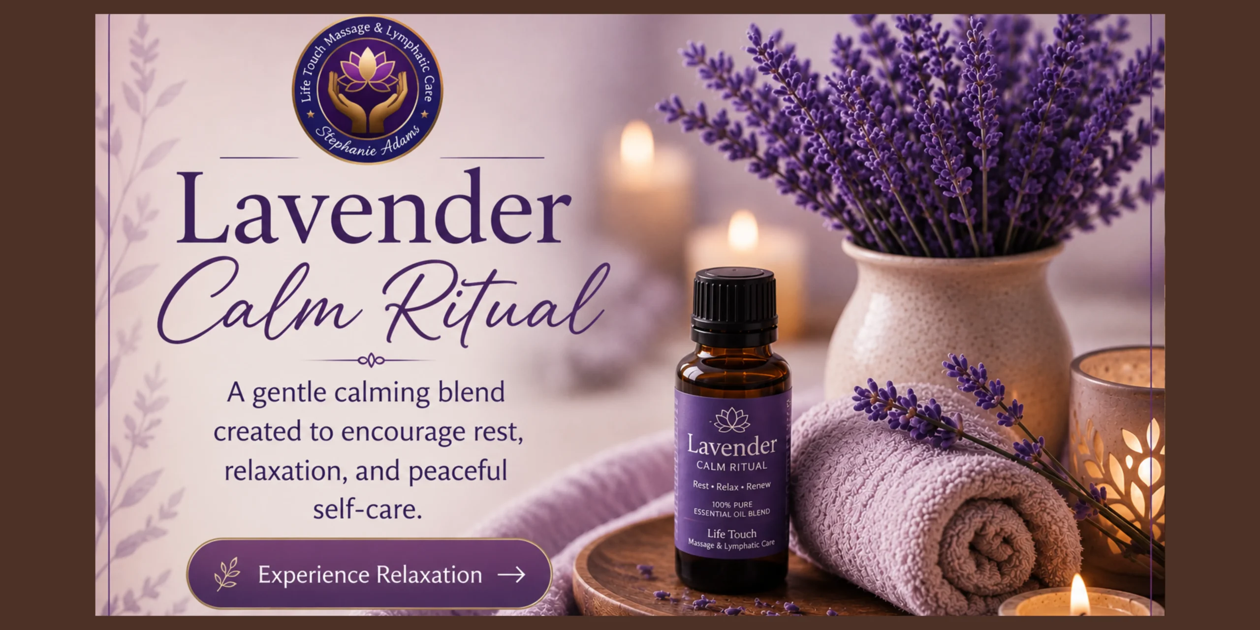 Lavender spa ritual scene with calming wellness elements designed for relaxation and self-care