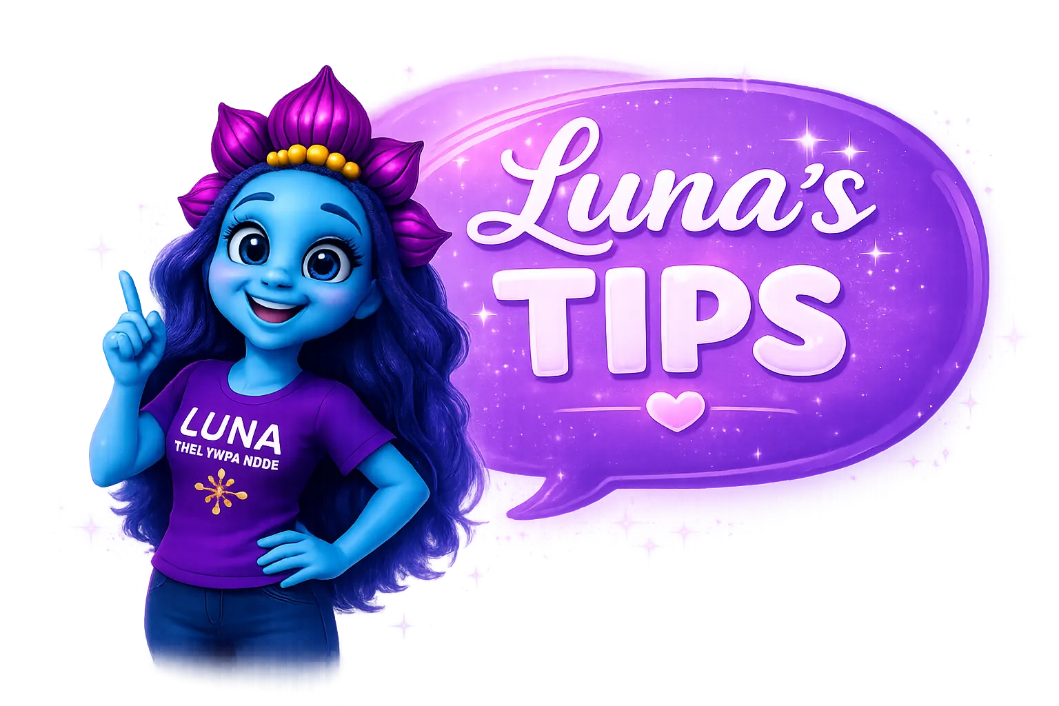 Luna the Lymph Node character pointing beside a glowing “Luna’s Tips” message bubble on a purple sparkling background, representing post-surgical lymphatic drainage education and wellness tips.