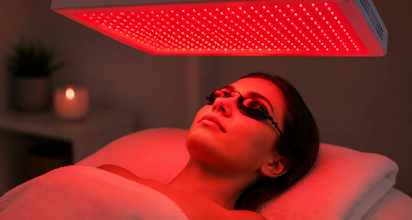 Woman relaxing on massage table wearing protective eyewear during red light therapy session